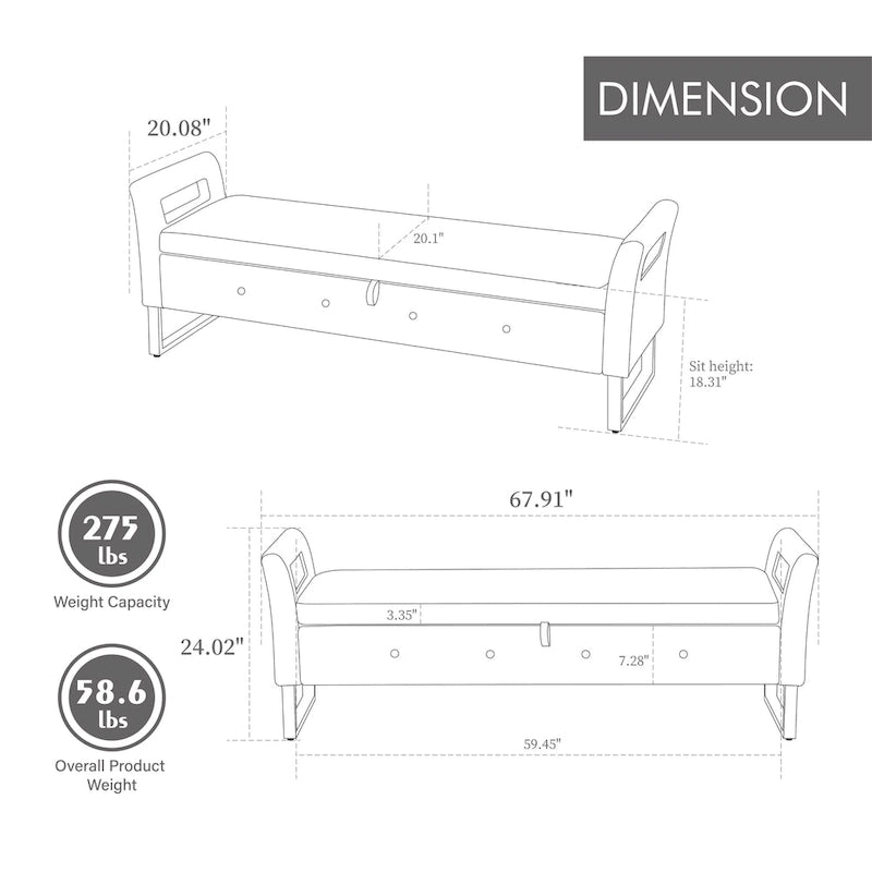 Banc de rangement en velours de 172,5 cm de large