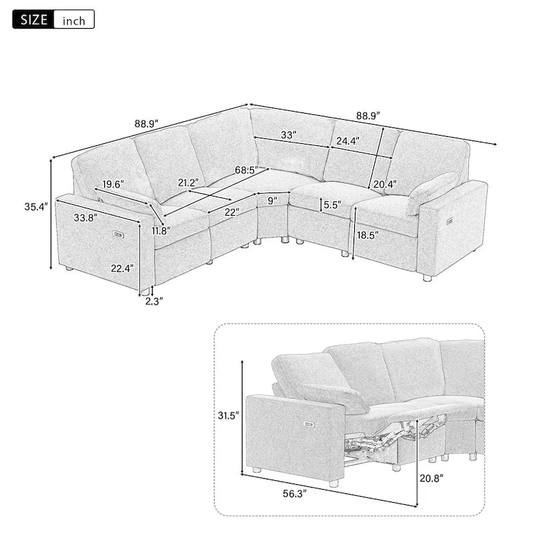 Canapé d'angle inclinable électrique avec 2 tiroirs de rangement et ports USB pour salon ou salle de cinéma maison