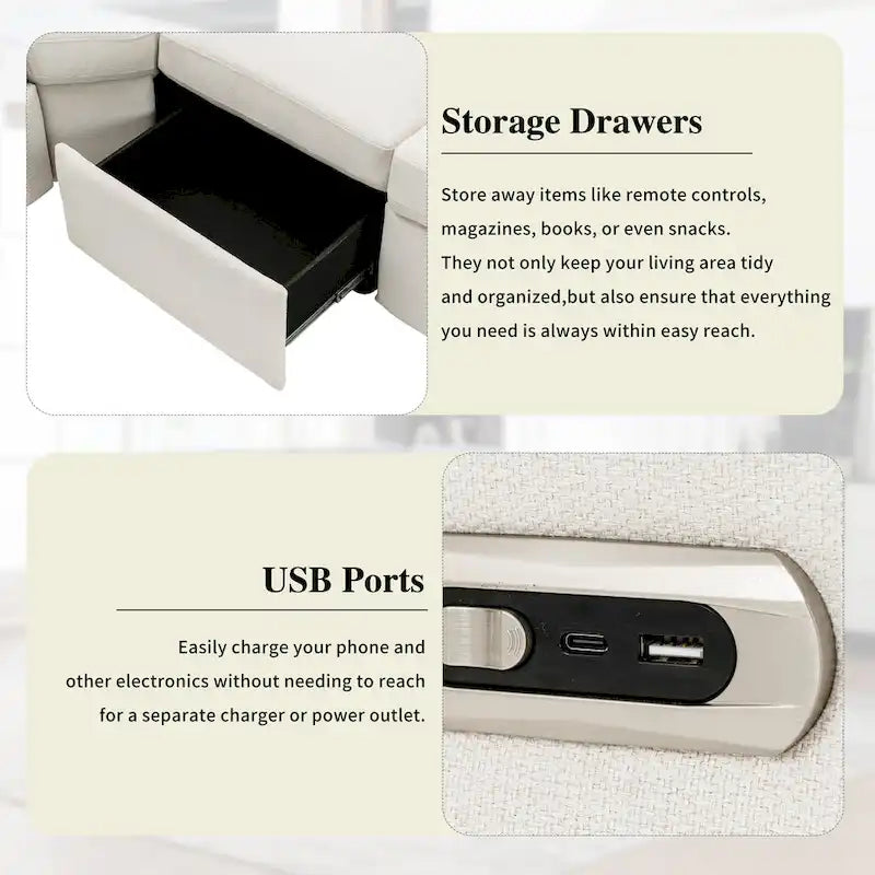 Canapé d'angle inclinable électrique avec 2 tiroirs de rangement et ports USB pour salon ou salle de cinéma maison