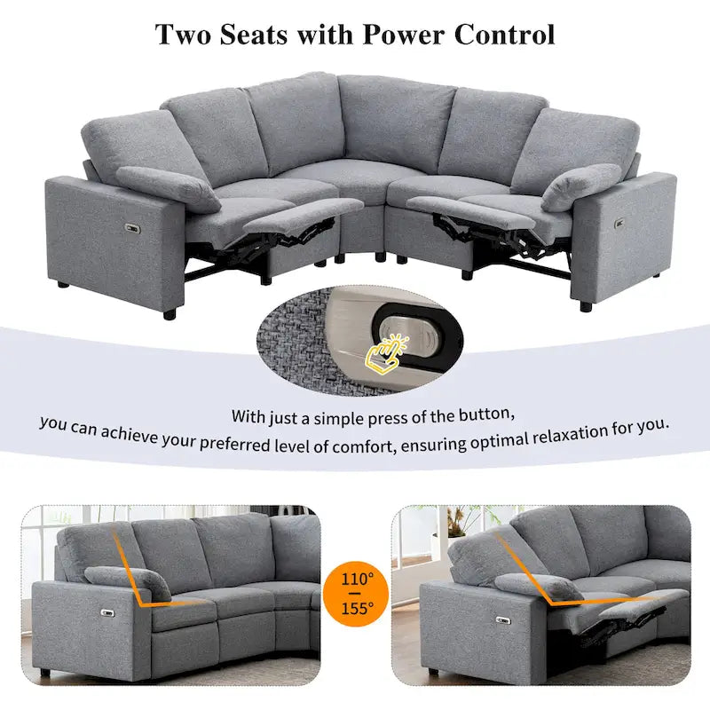Canapé d'angle inclinable électrique avec 2 tiroirs de rangement et ports USB pour salon ou salle de cinéma maison