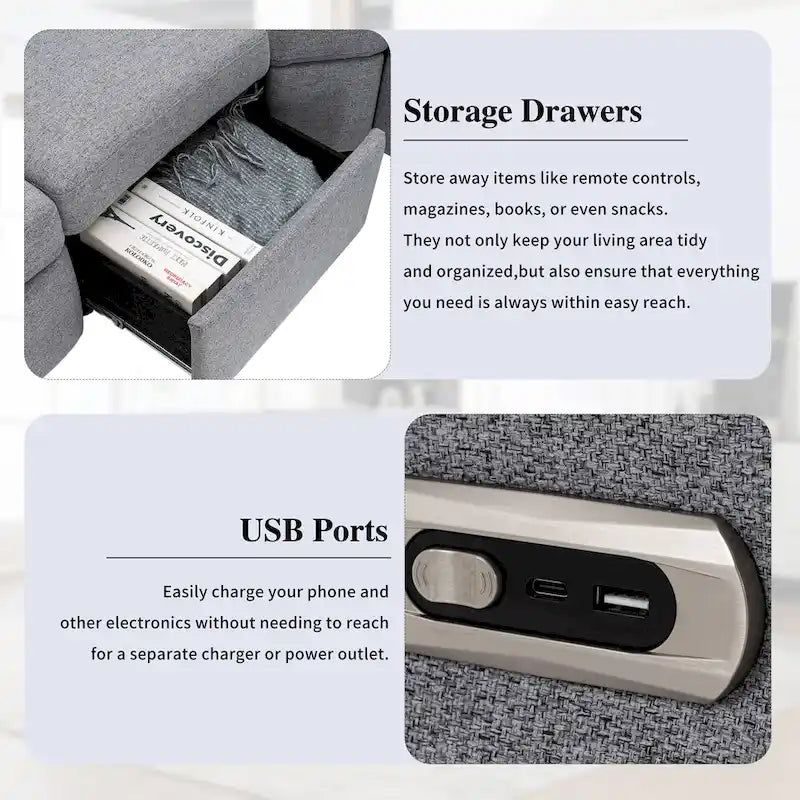 Canapé d'angle inclinable électrique avec 2 tiroirs de rangement et ports USB pour salon ou salle de cinéma maison