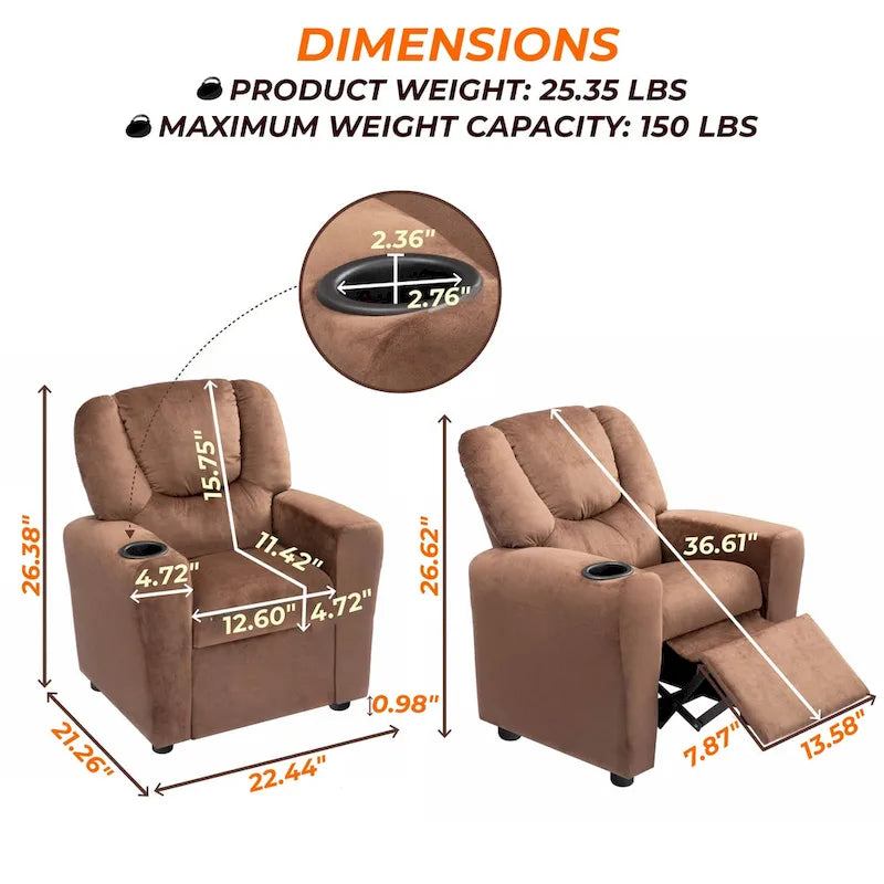 Fauteuil inclinable pour enfants avec repose-pieds et porte-gobelets