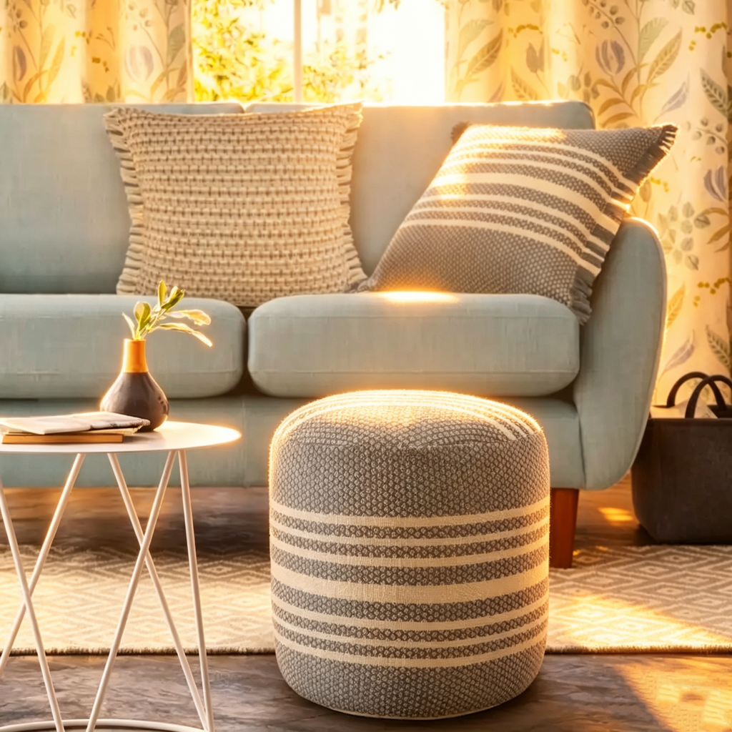 20 poufs ronds rayés bleus et blancs