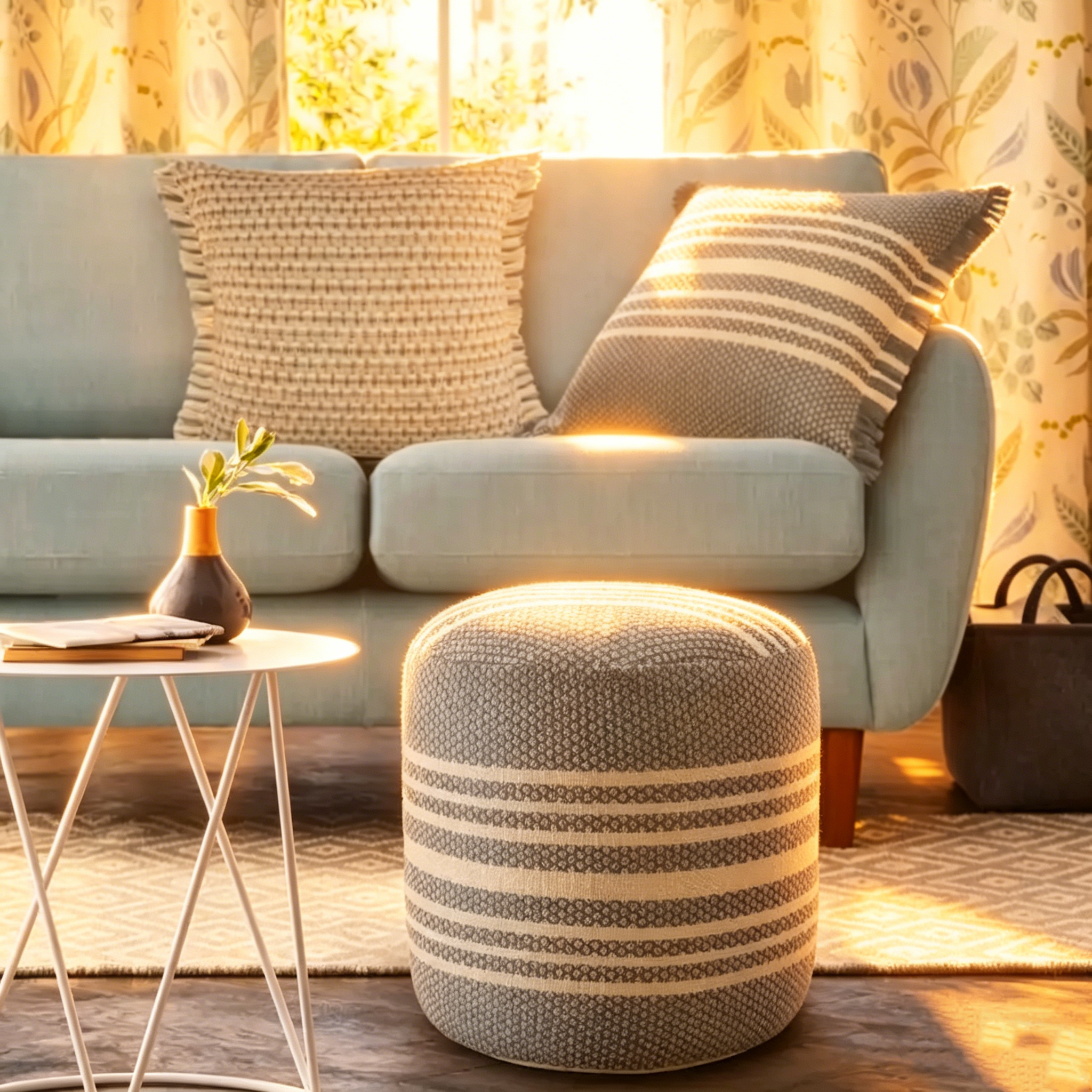 20 poufs ronds rayés bleus et blancs