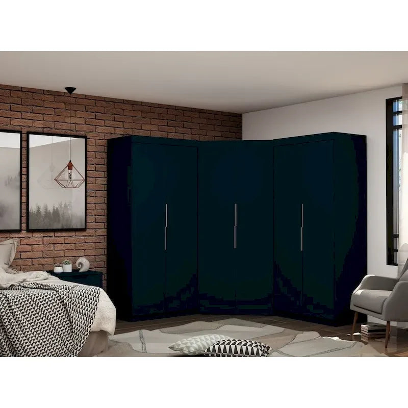 Armoire moderne à trois sections, placard d'angle avec quatre tiroirs