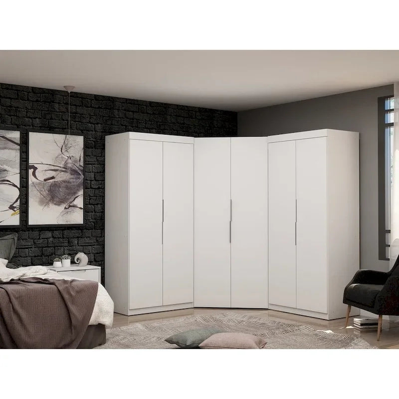 Armoire moderne à trois sections, placard d'angle avec quatre tiroirs