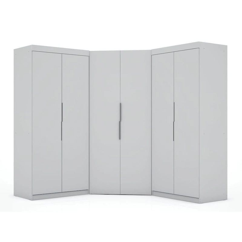Armoire moderne à trois sections, placard d'angle avec quatre tiroirs