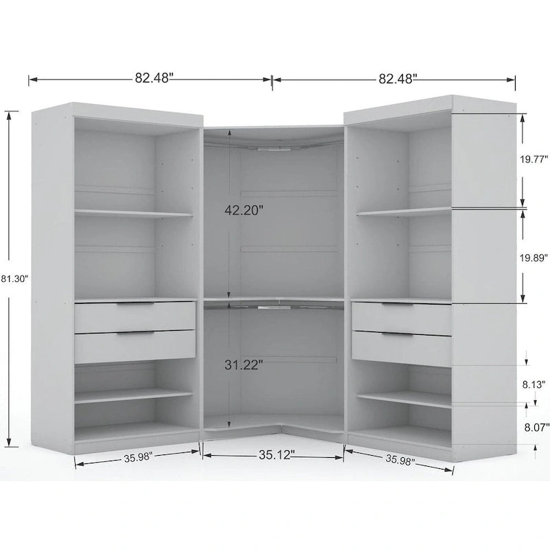 Armoire moderne à trois sections, placard d'angle avec quatre tiroirs