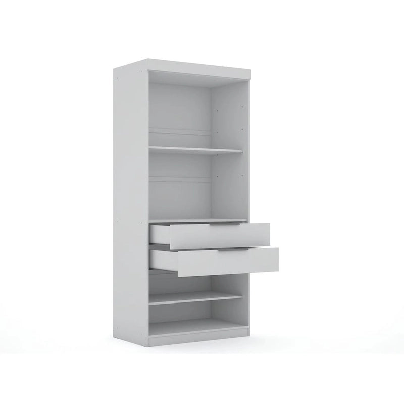 Armoire moderne à trois sections, placard d'angle avec quatre tiroirs