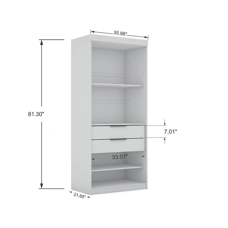 Armoire moderne à trois sections, placard d'angle avec quatre tiroirs