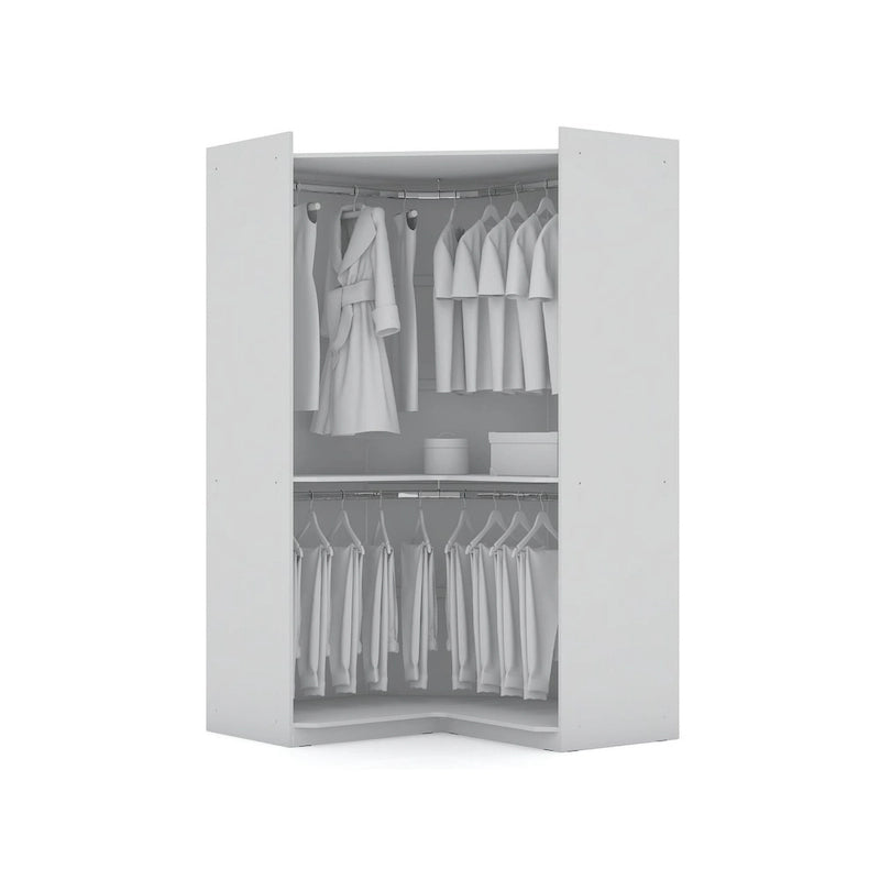 Armoire moderne à trois sections, placard d'angle avec quatre tiroirs