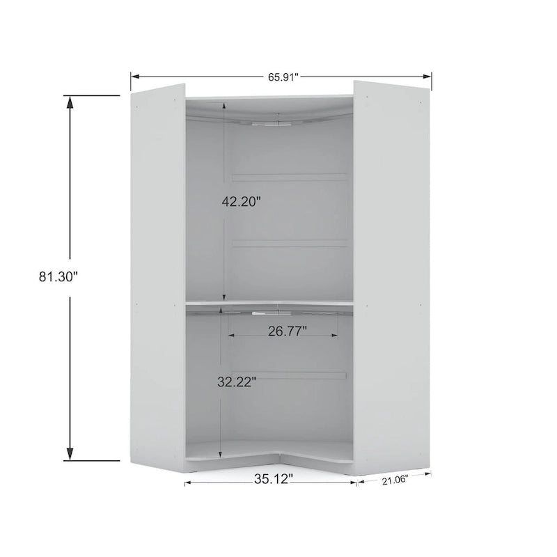 Armoire moderne à trois sections, placard d'angle avec quatre tiroirs