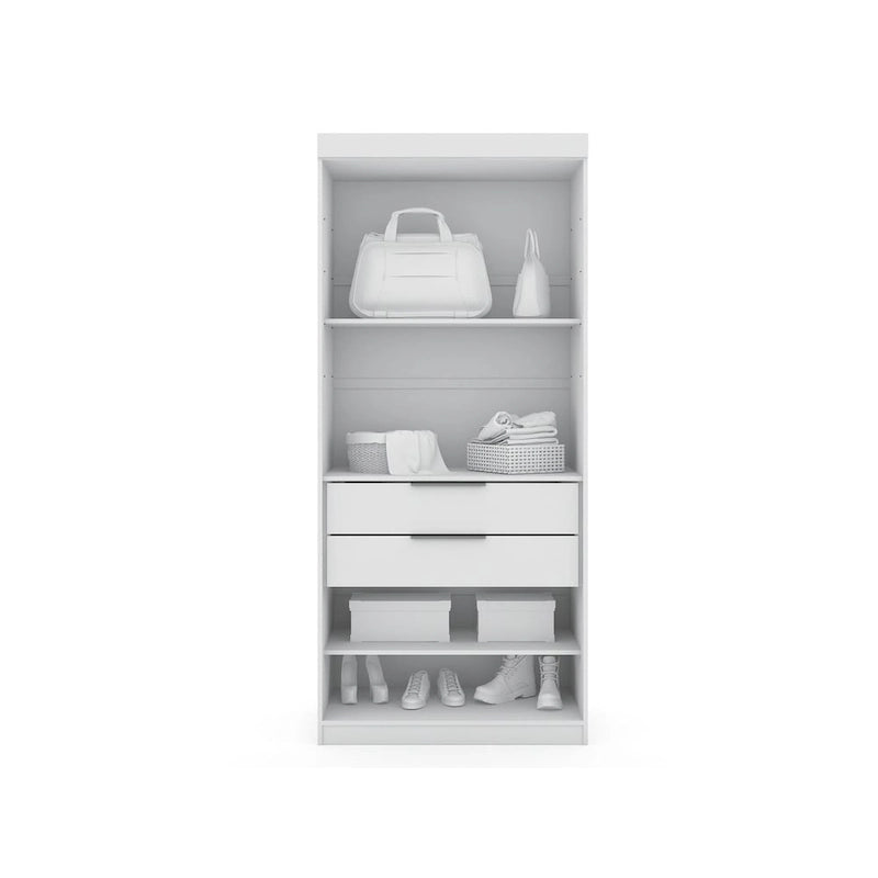 Armoire moderne à trois sections, placard d'angle avec quatre tiroirs