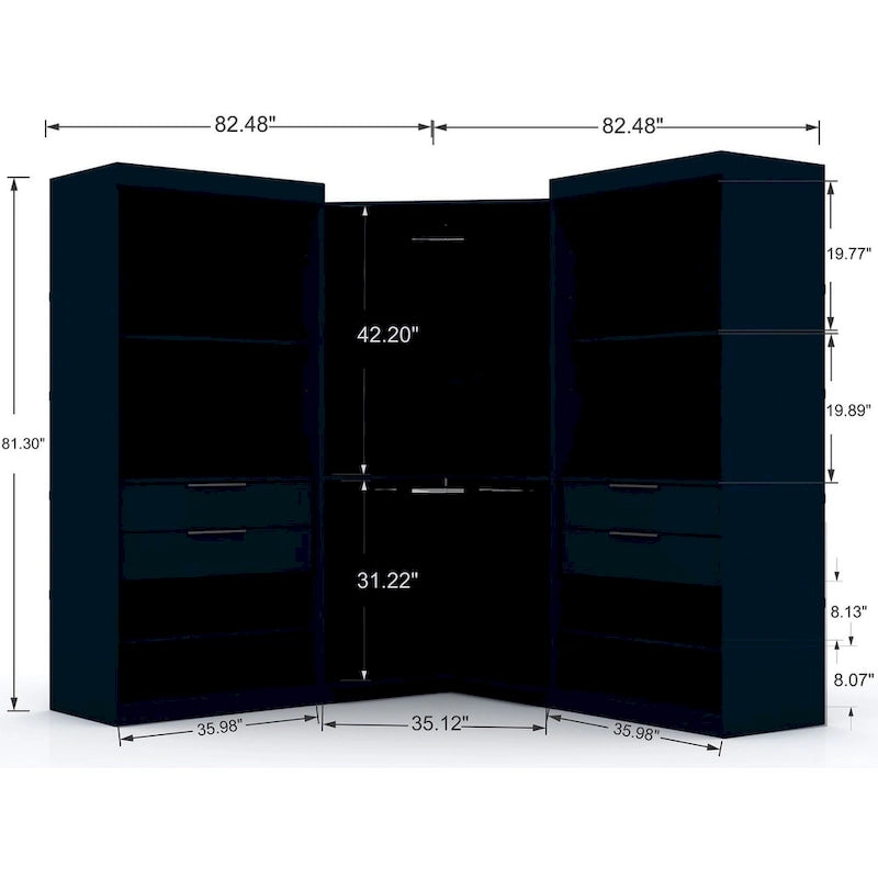 Armoire moderne à trois sections, placard d'angle avec quatre tiroirs
