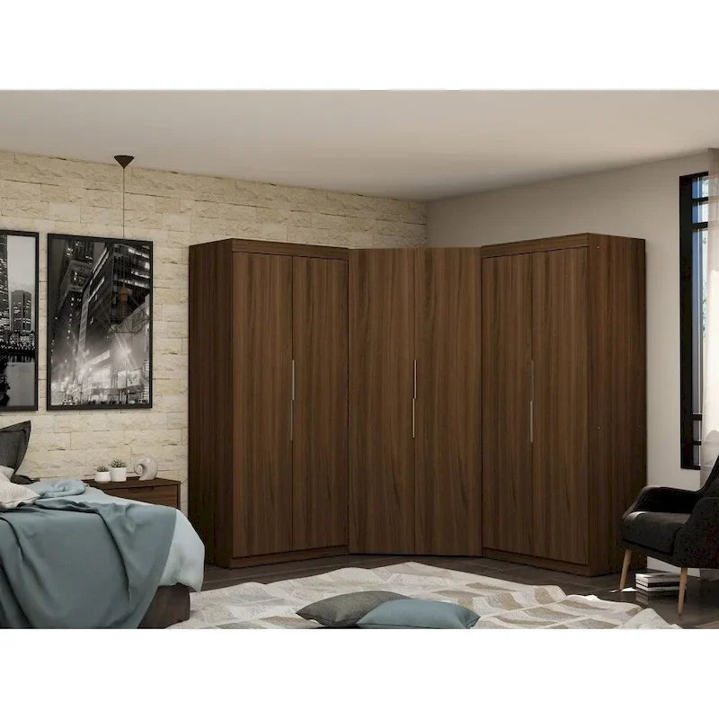 Armoire moderne à trois sections, placard d'angle avec quatre tiroirs