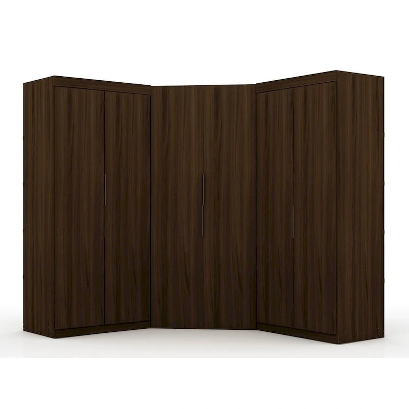 Armoire moderne à trois sections, placard d'angle avec quatre tiroirs