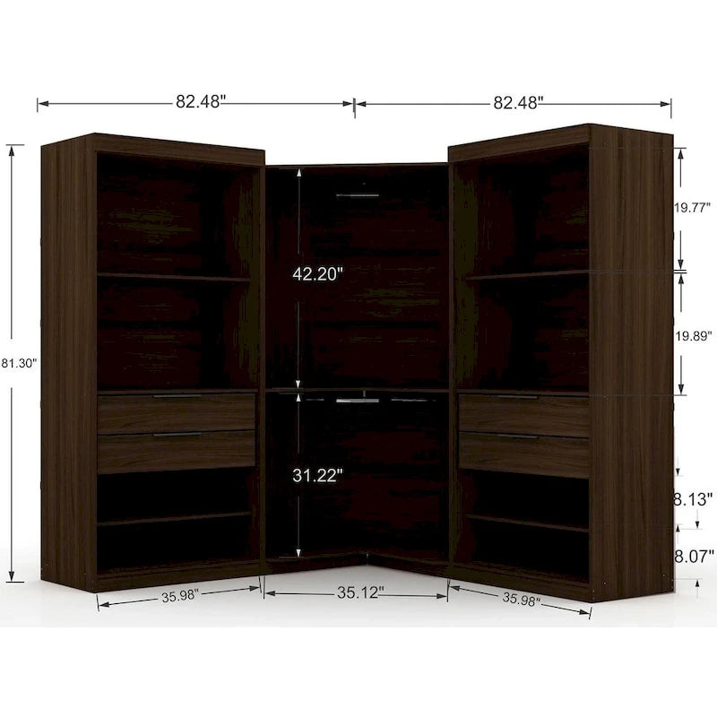 Armoire moderne à trois sections, placard d'angle avec quatre tiroirs