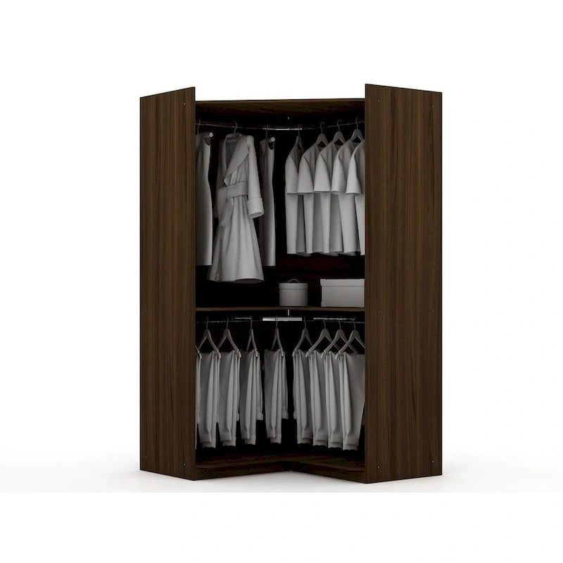Armoire moderne à trois sections, placard d'angle avec quatre tiroirs