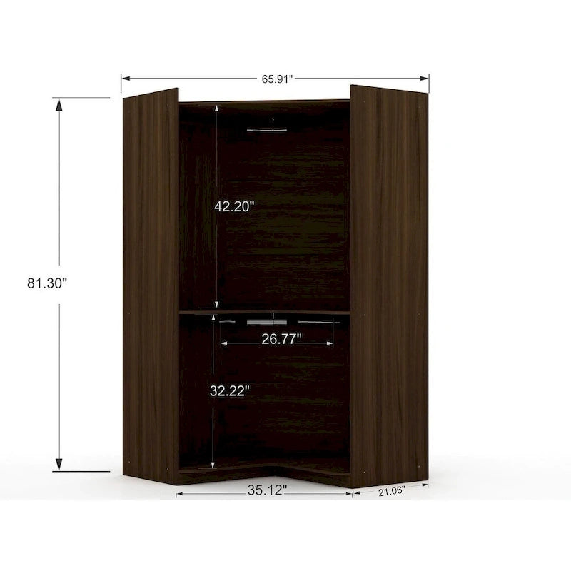 Armoire moderne à trois sections, placard d'angle avec quatre tiroirs