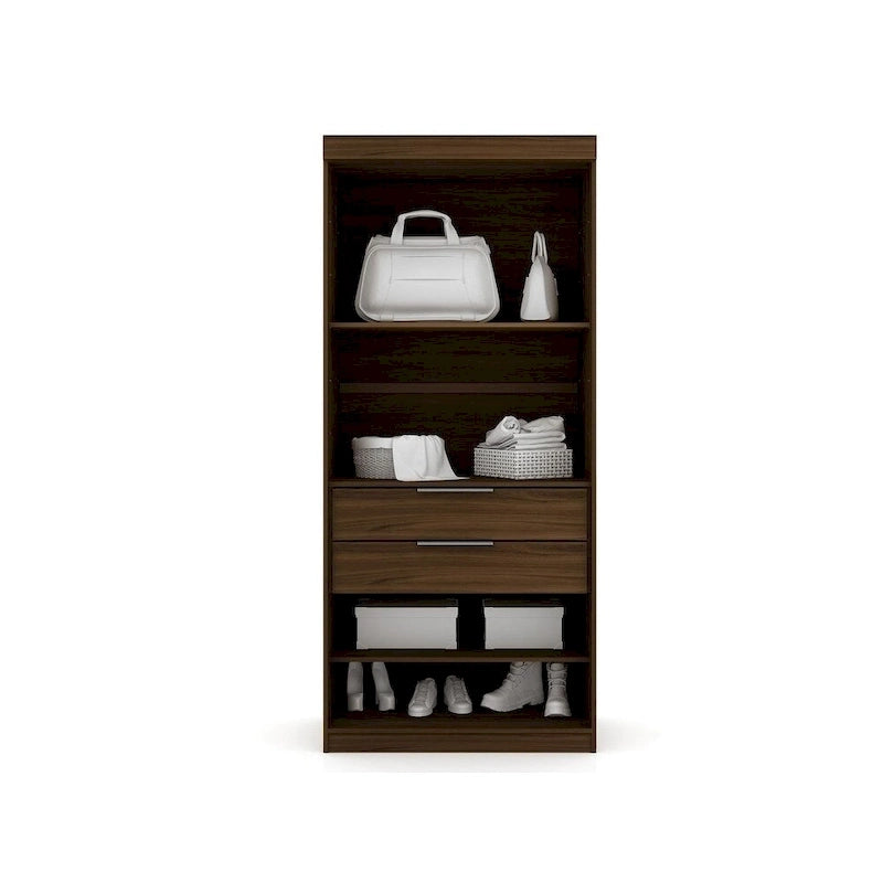 Armoire moderne à trois sections, placard d'angle avec quatre tiroirs