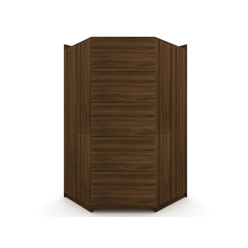 Armoire moderne à trois sections, placard d'angle avec quatre tiroirs