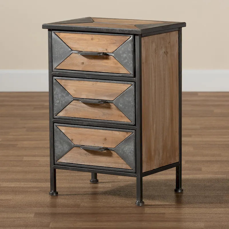 Table d'appoint à trois tiroirs en métal gris rétro de style industriel rustique et bois de chêne blanc marron