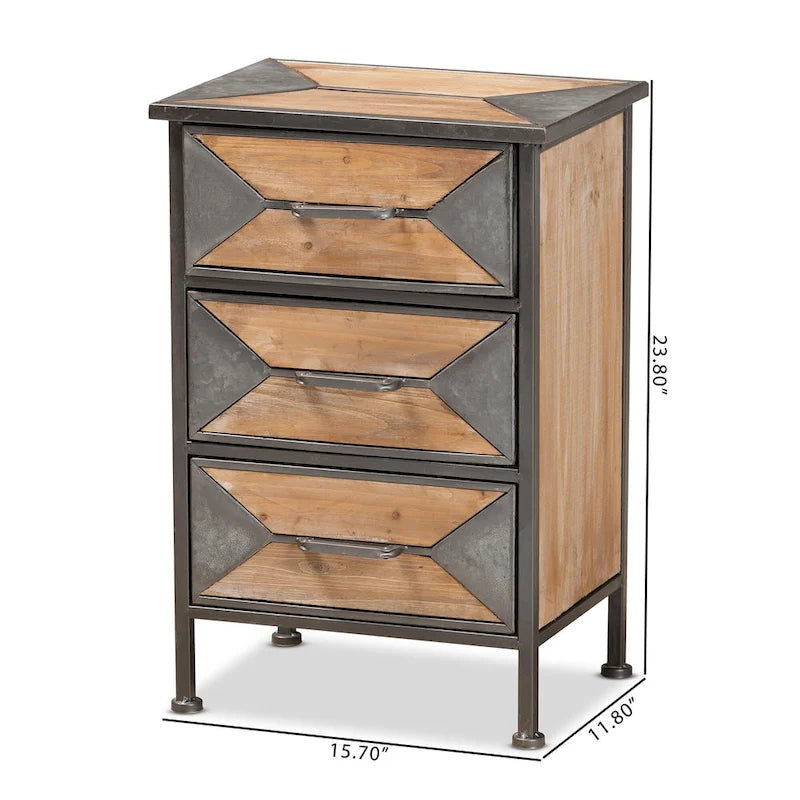 Table d'appoint à trois tiroirs en métal gris rétro de style industriel rustique et bois de chêne blanc marron