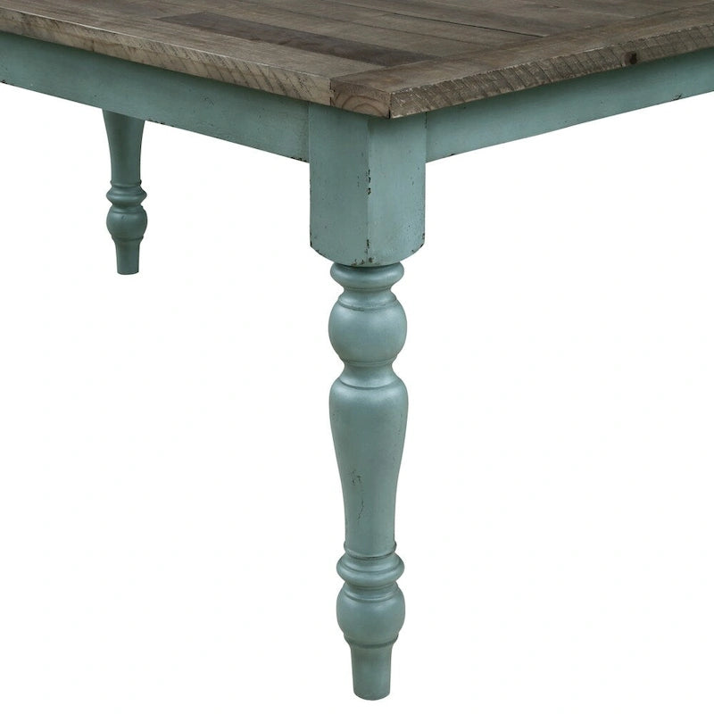 Table à manger en bois bicolore bleu et marron