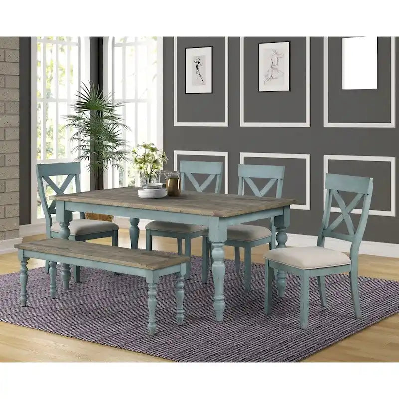 Table à manger en bois bicolore bleu et marron