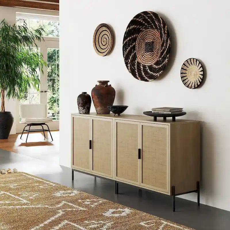 Meubles de rangement de style bohème pour entrée, buffets de cuisine, meubles TV ou armoires décoratives en rotin avec pieds en métal
