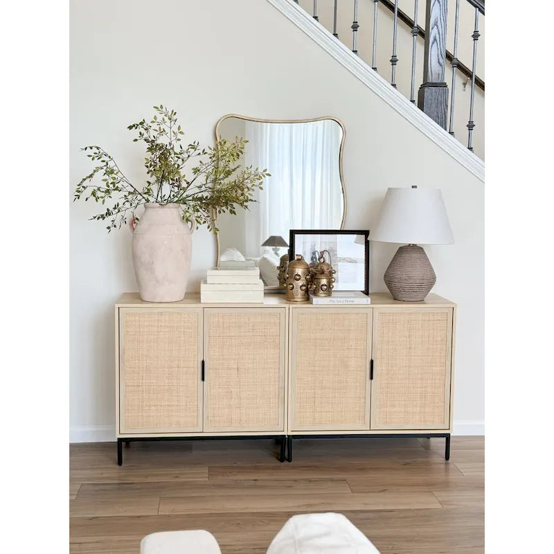 Meubles de rangement de style bohème pour entrée, buffets de cuisine, meubles TV ou armoires décoratives en rotin avec pieds en métal