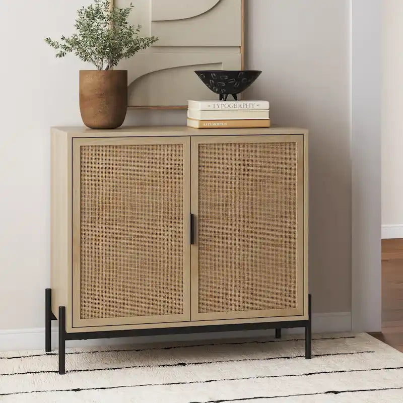 Meubles de rangement de style bohème pour entrée, buffets de cuisine, meubles TV ou armoires décoratives en rotin avec pieds en métal
