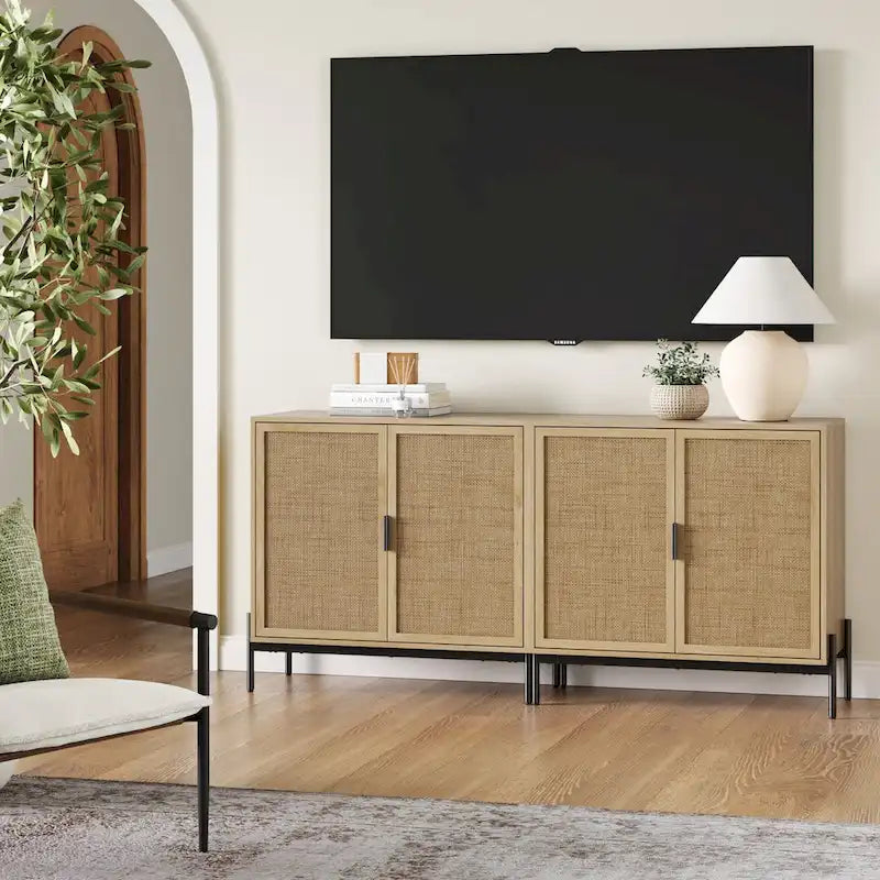 Meubles de rangement de style bohème pour entrée, buffets de cuisine, meubles TV ou armoires décoratives en rotin avec pieds en métal
